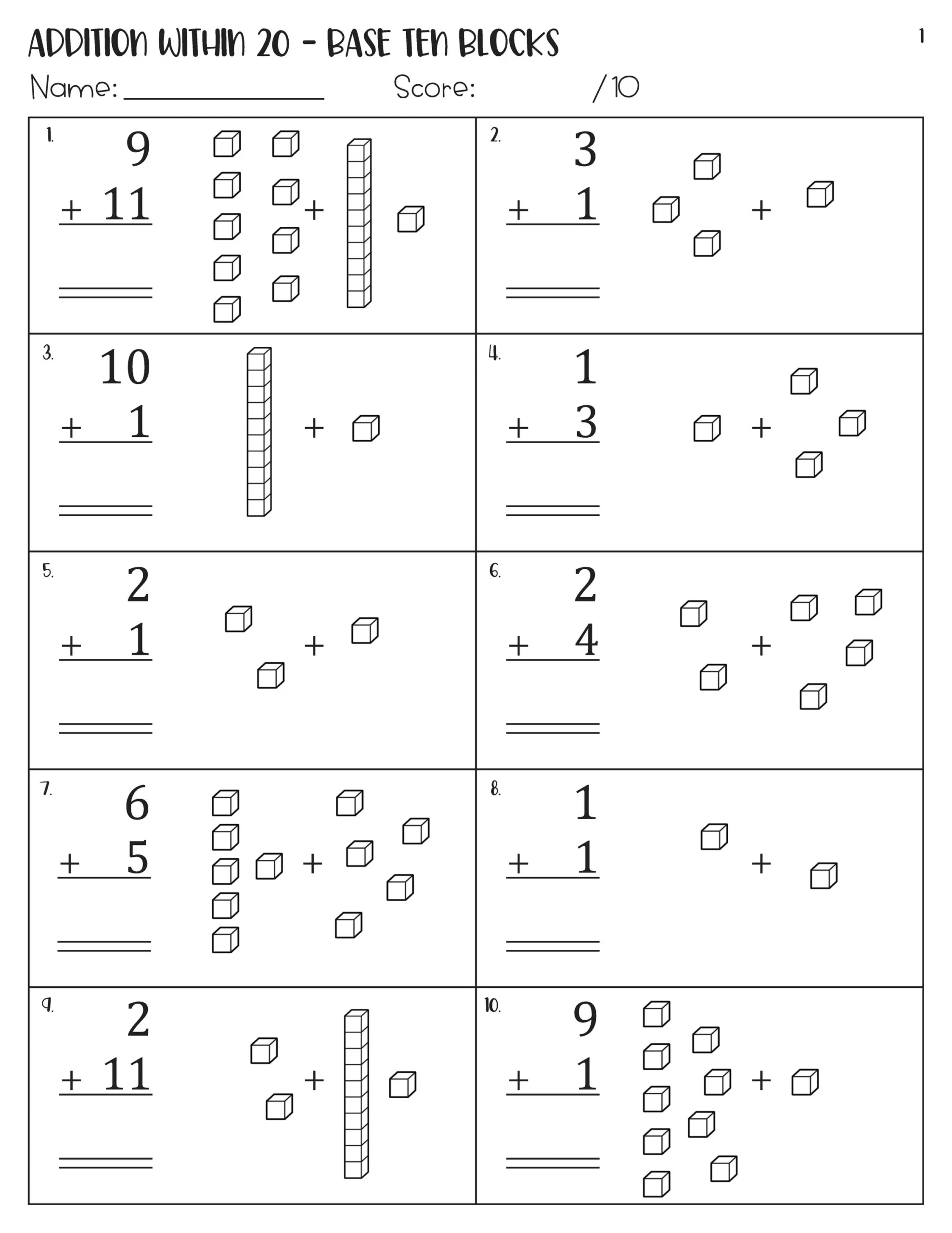 Addition Within 20 With Pictures Base Ten Blocks Worksheets Etsy Addition Within 20 With Pictures Base Ten Blocks Worksheets Etsy