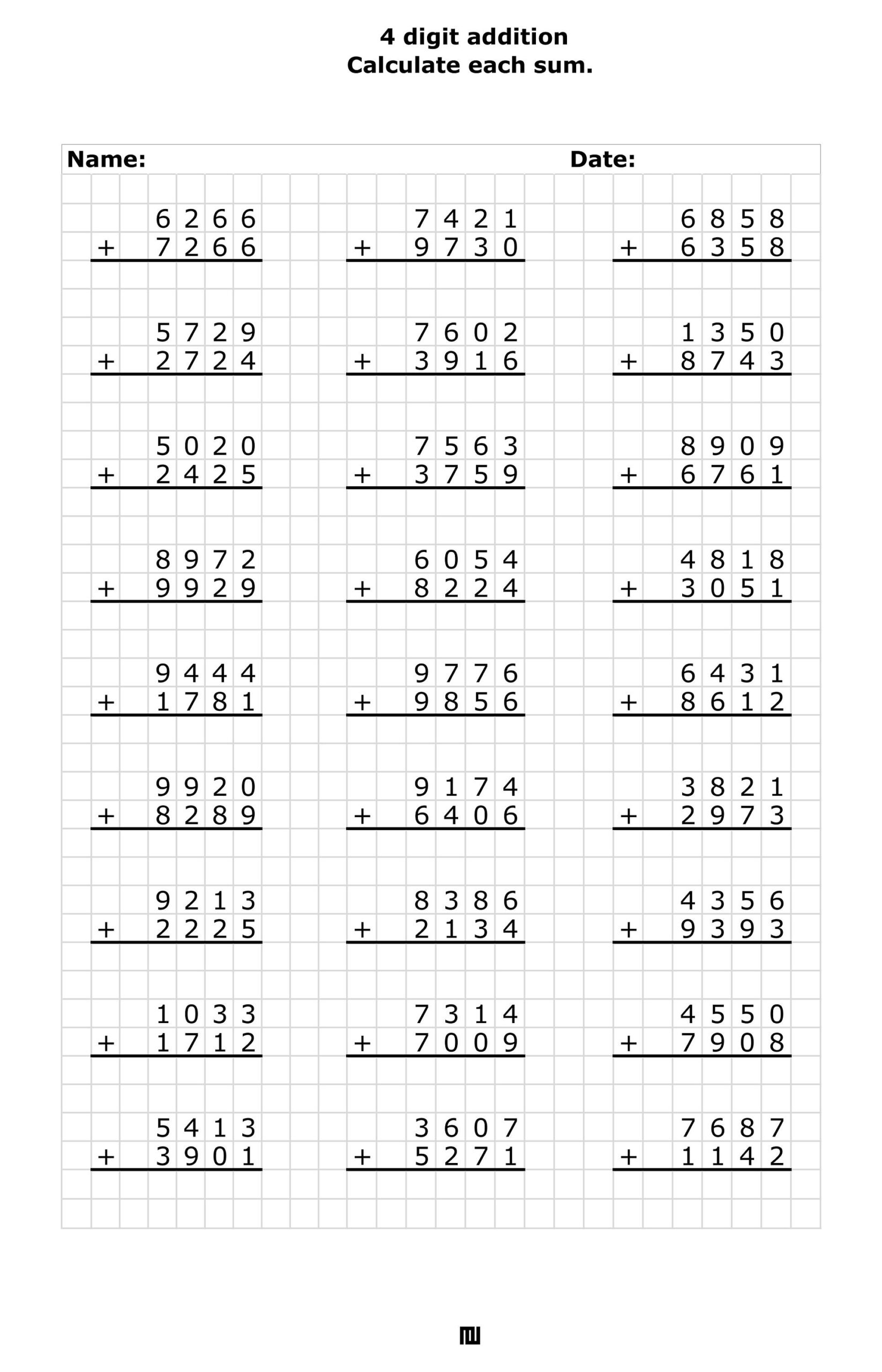 Addition Worksheets Adding 4 digit Numbers In Columns Addition 4 Worksheets Library