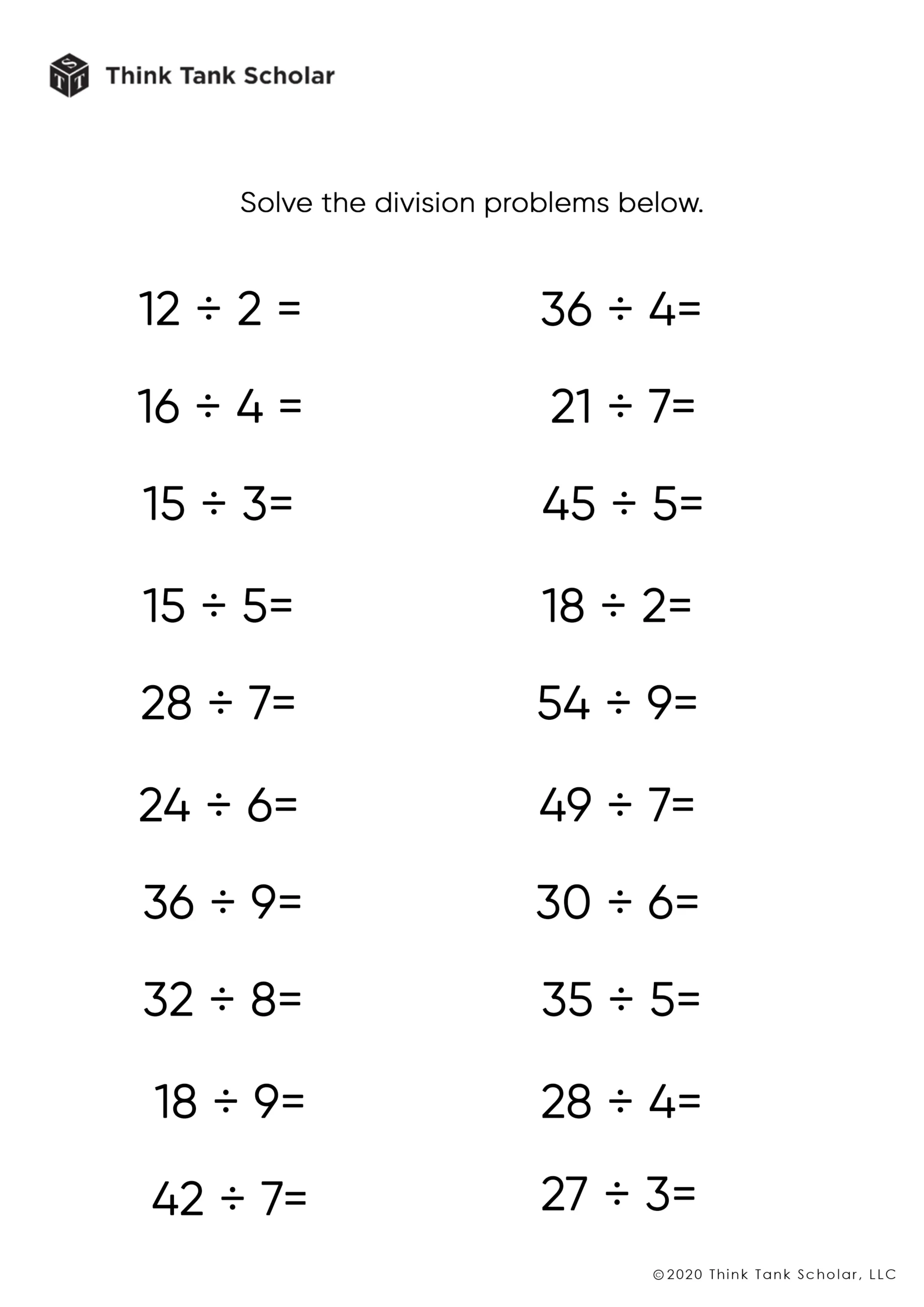 Division Worksheets Exercises Printable PDF FREE Think Tank Scholar