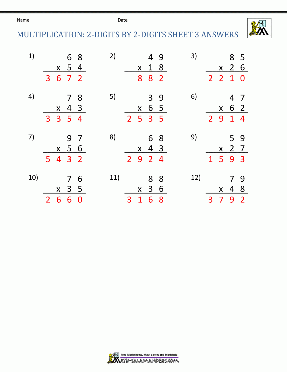 Double Digit Multiplication Worksheets 4th Grade