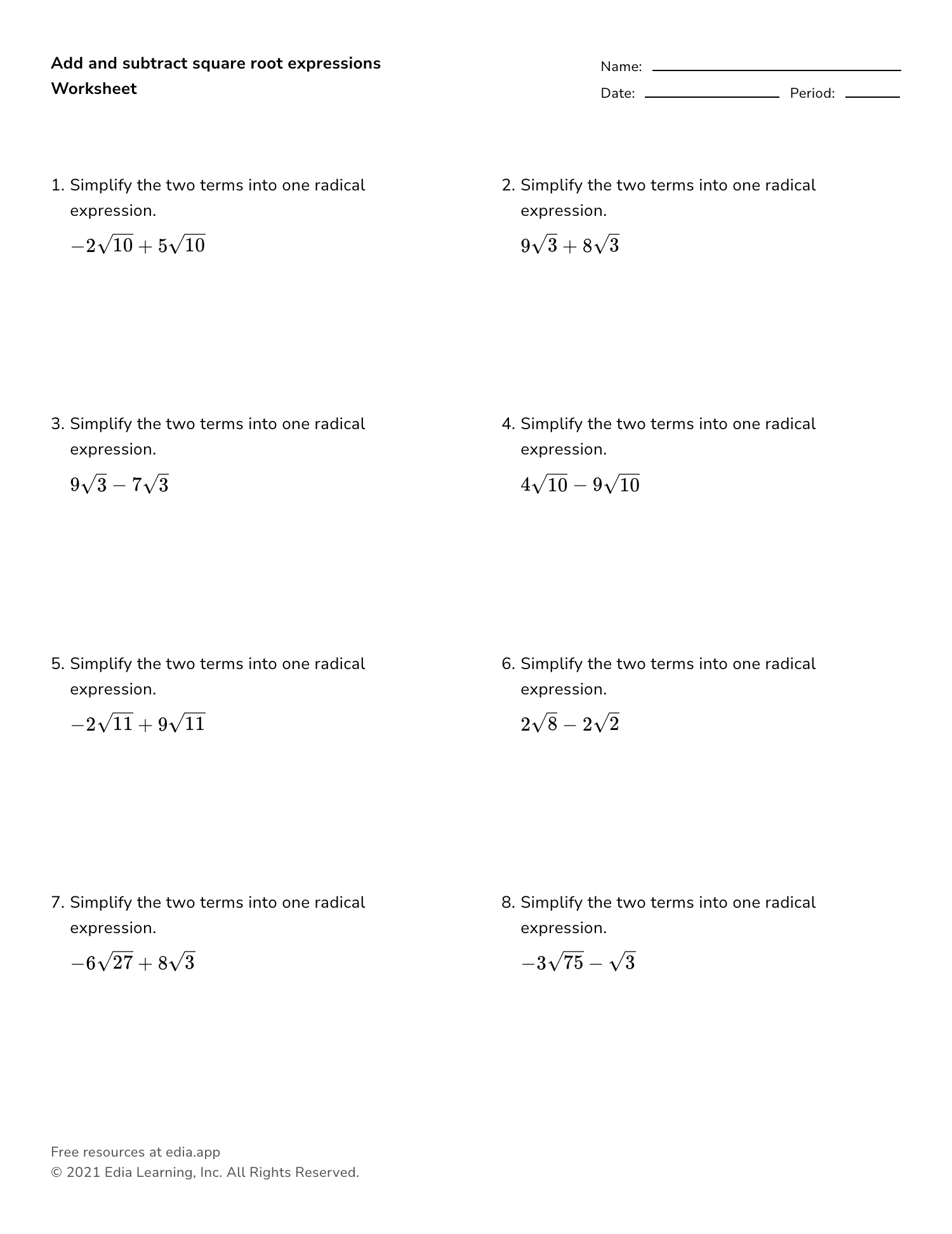 adding and subtracting radicals worksheet