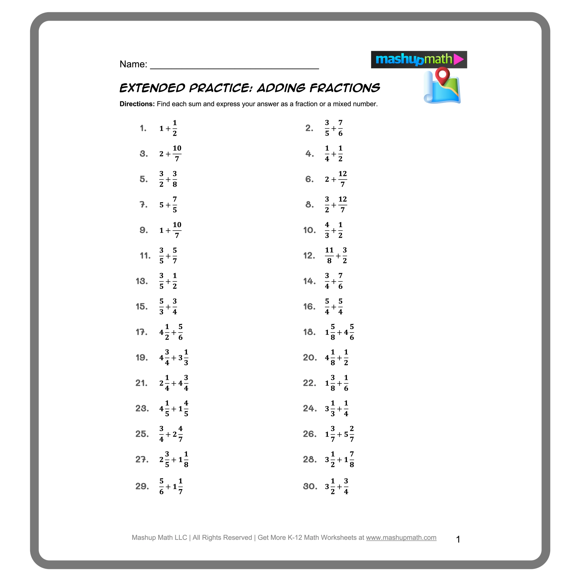 Free Adding And Subtracting Fractions Worksheets Mashup Math