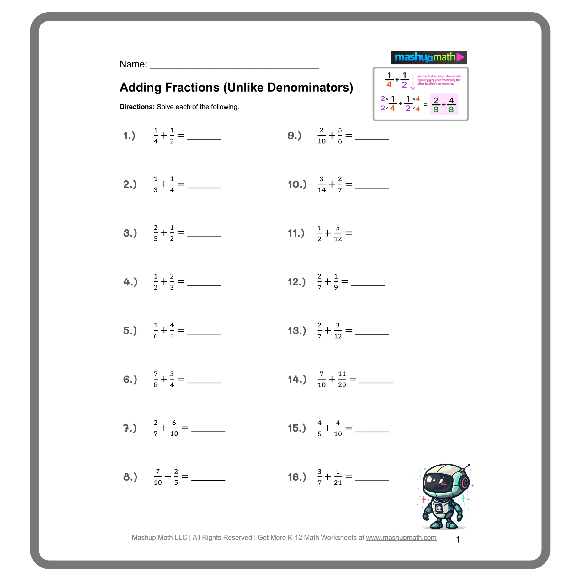 Free Adding And Subtracting Fractions Worksheets Mashup Math