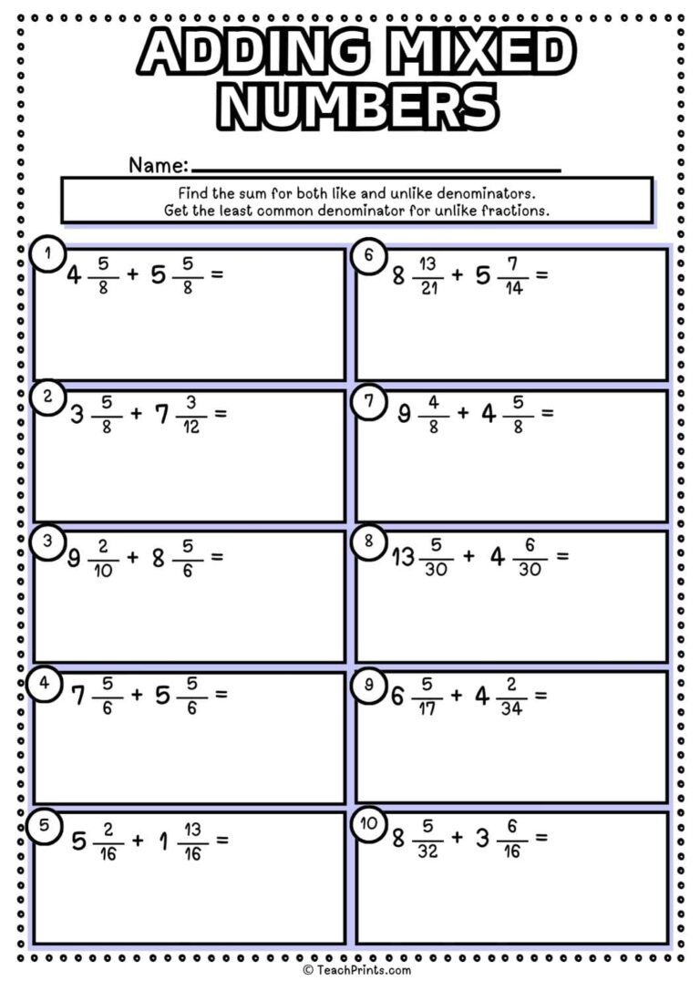 Free Adding Mixed Numbers Worksheets Teach Prints