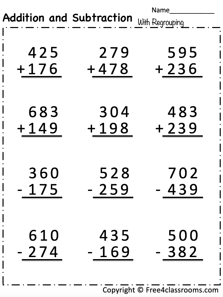 Free Addition And Subtraction Worksheet 3 Digit Numbers With Regrouping Free Addition And Subtraction Worksheet 3 Digit Numbers With Regrouping