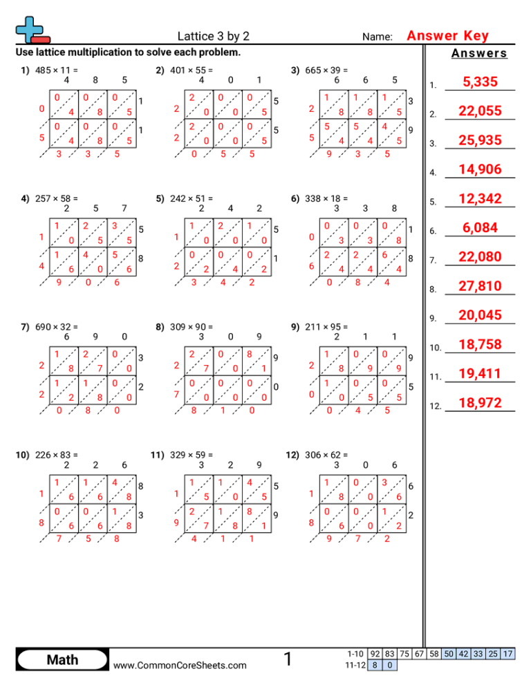 Free Lattice Multiplication Worksheets Common Core Sheets