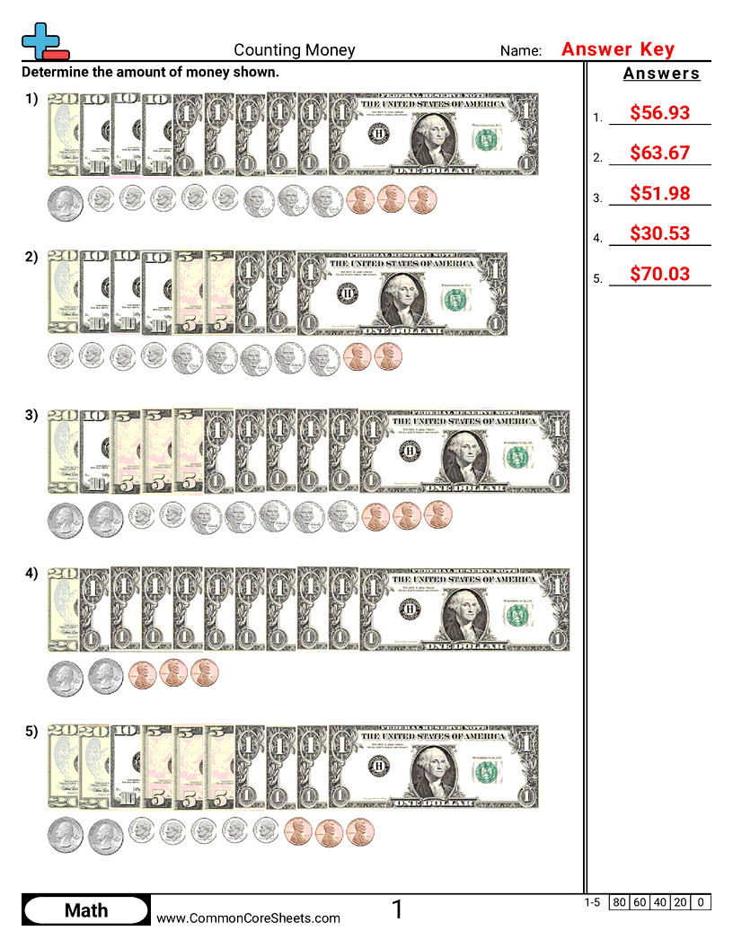 Free Money Worksheets Common Core Sheets