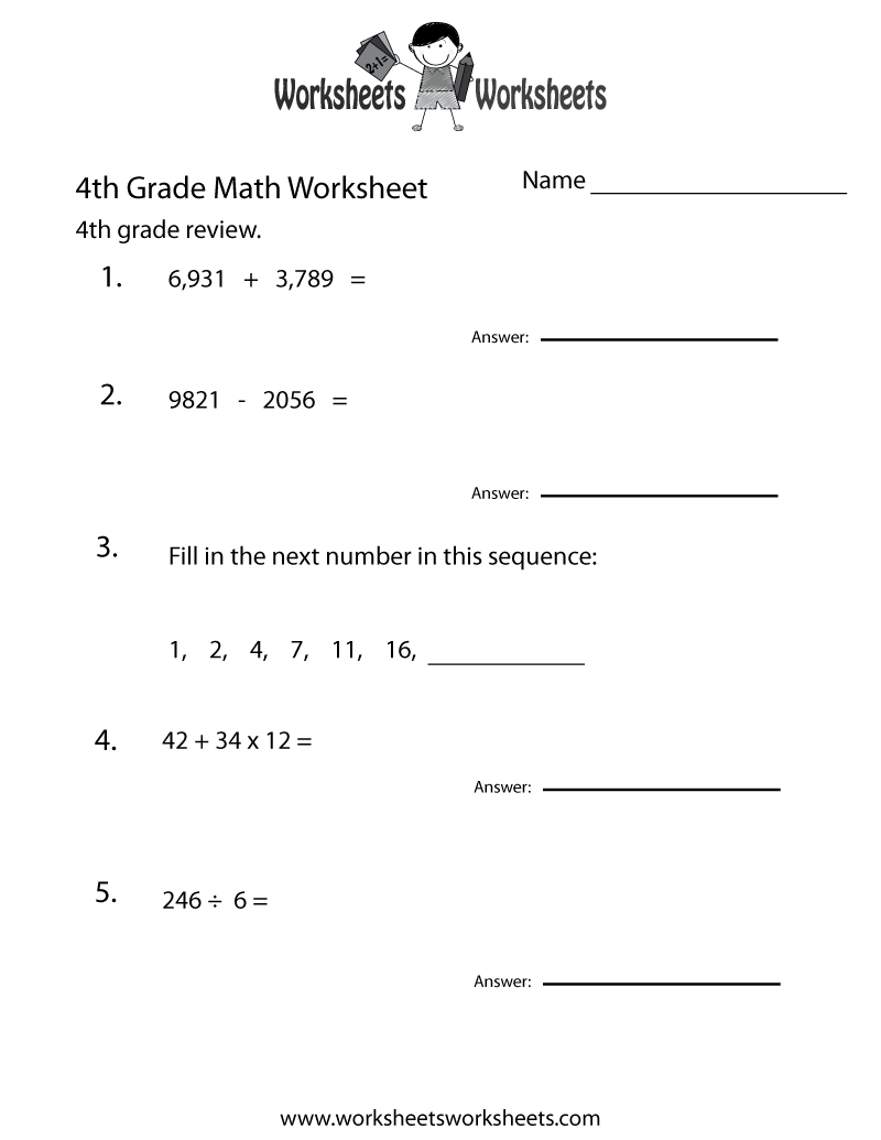 Free Printable 4th Grade Math Review Worksheet Free Printable 4th Grade Math Review Worksheet