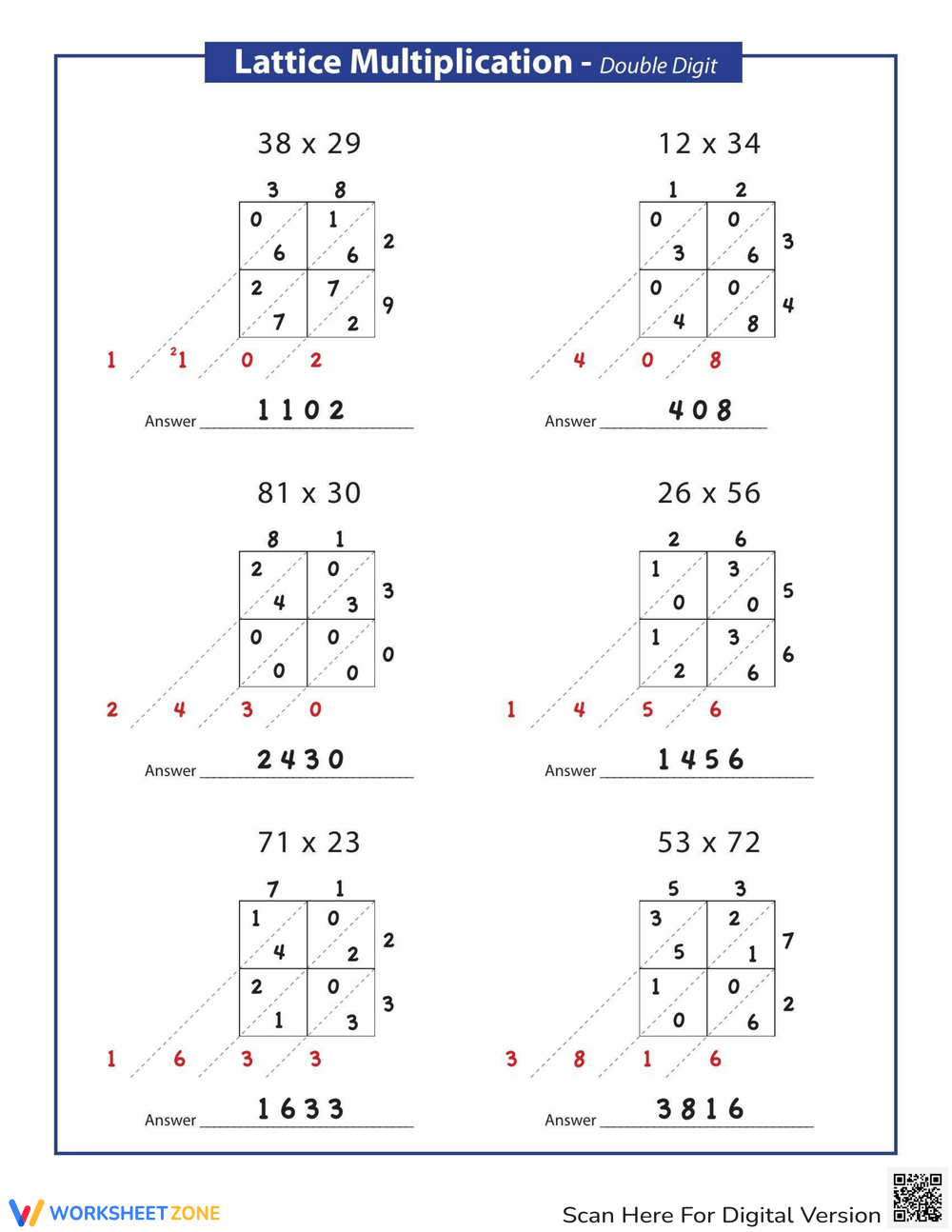 Lattice Method Multiplication Worksheet Lattice Method Multiplication Worksheet
