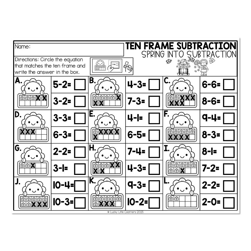 Math Worksheet April Ten Frame Subtraction Spring Into Subtraction Lucky Little Learners