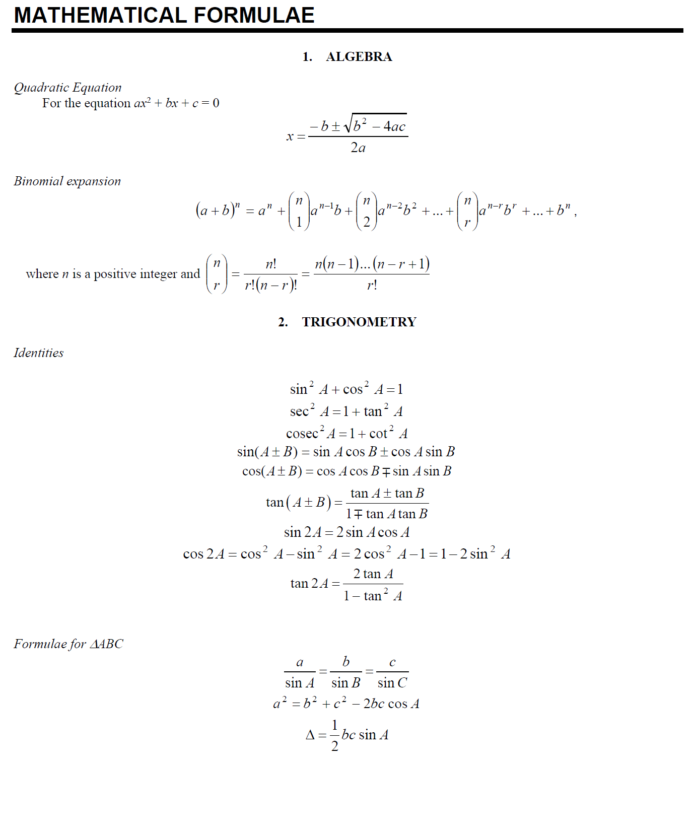O Level Additional Maths Formula Sheet 4049 O Level Additional Maths Formula Sheet 4049