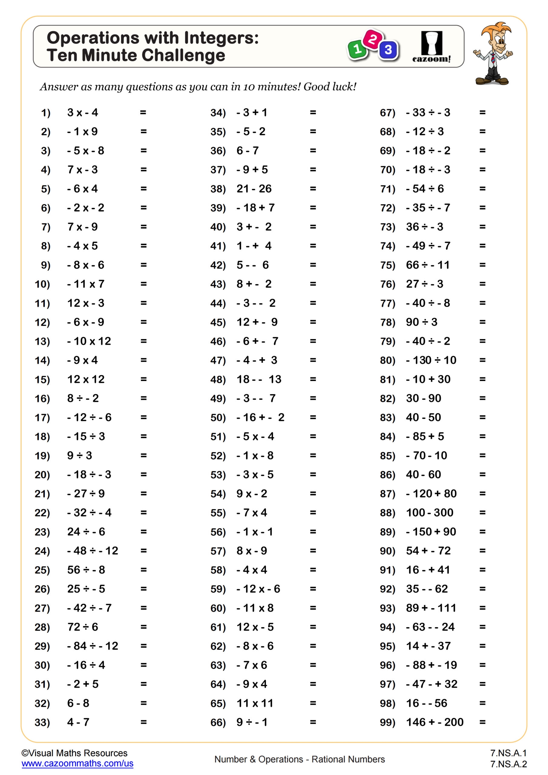 adding and subtracting integers worksheets