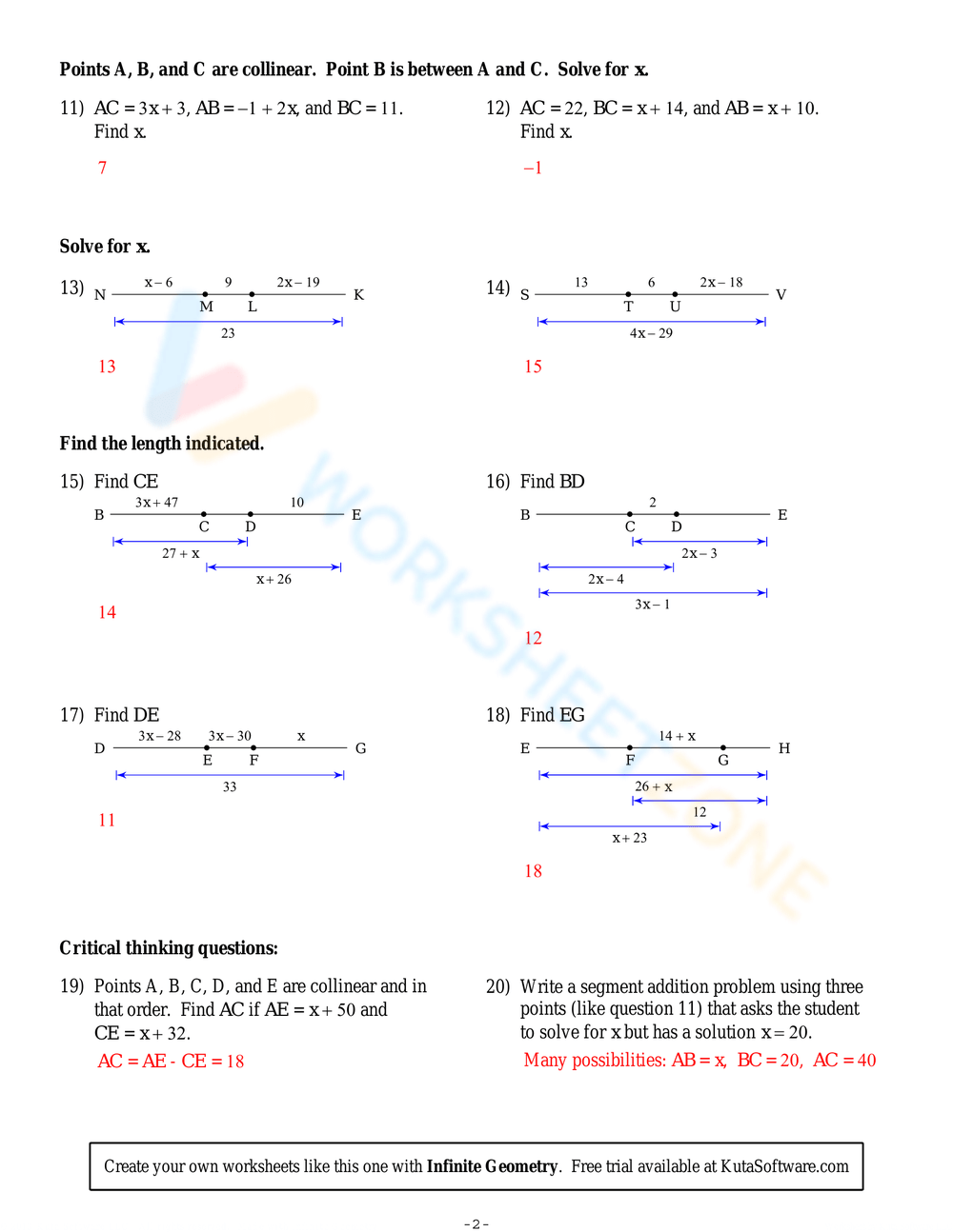 Printable Grade 7 Segment Addition Postulate Worksheets