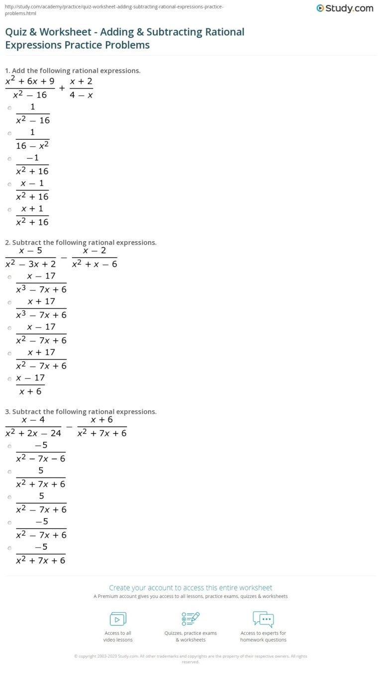 Quiz Worksheet Adding Subtracting Rational Expressions Practice Problems Study