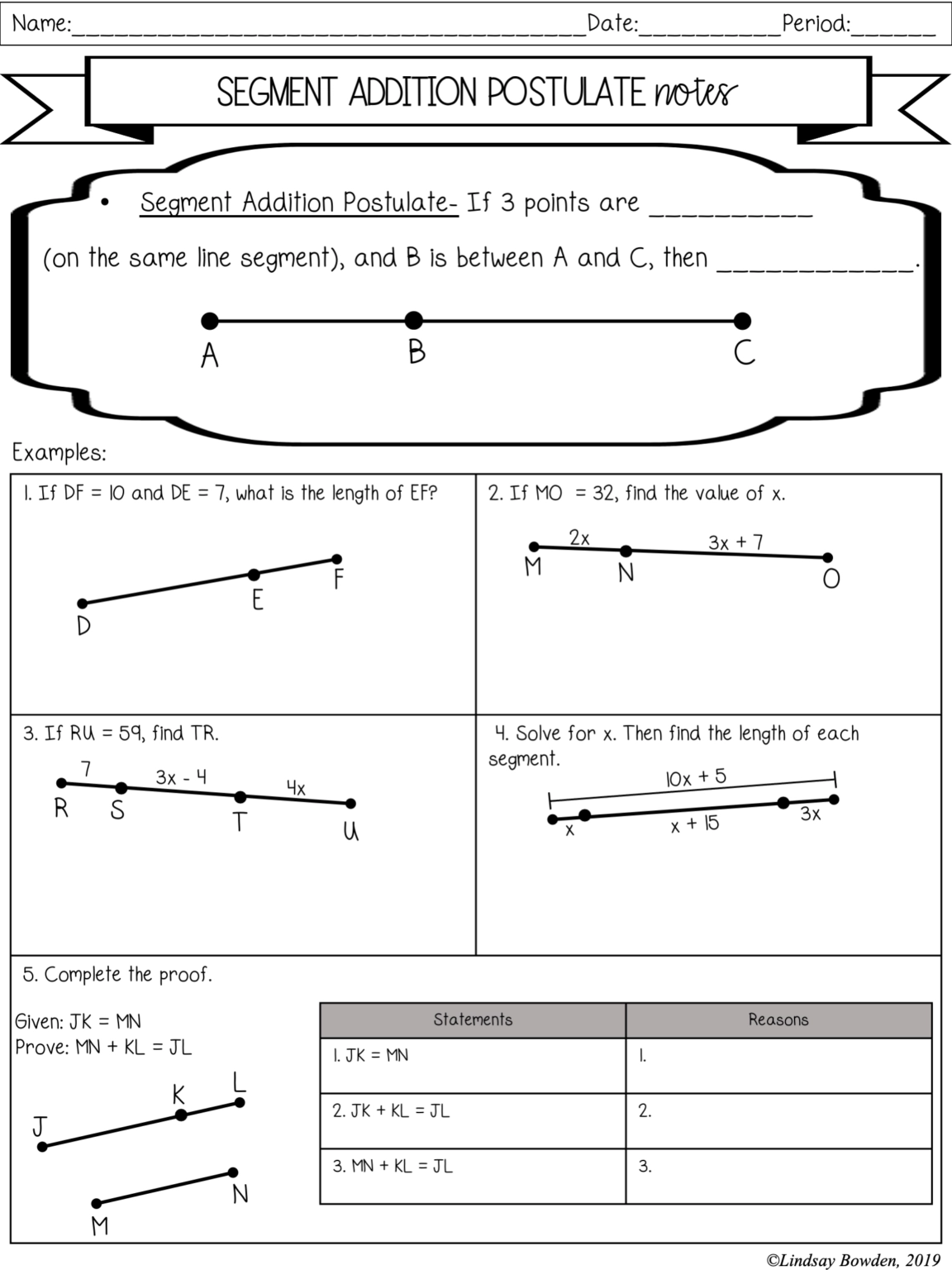 Segment Addition Postulate Worksheet Printable Art Activities
