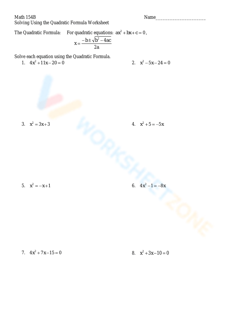 Solve With The Quadratic Formula Worksheets Solve With The Quadratic Formula Worksheets