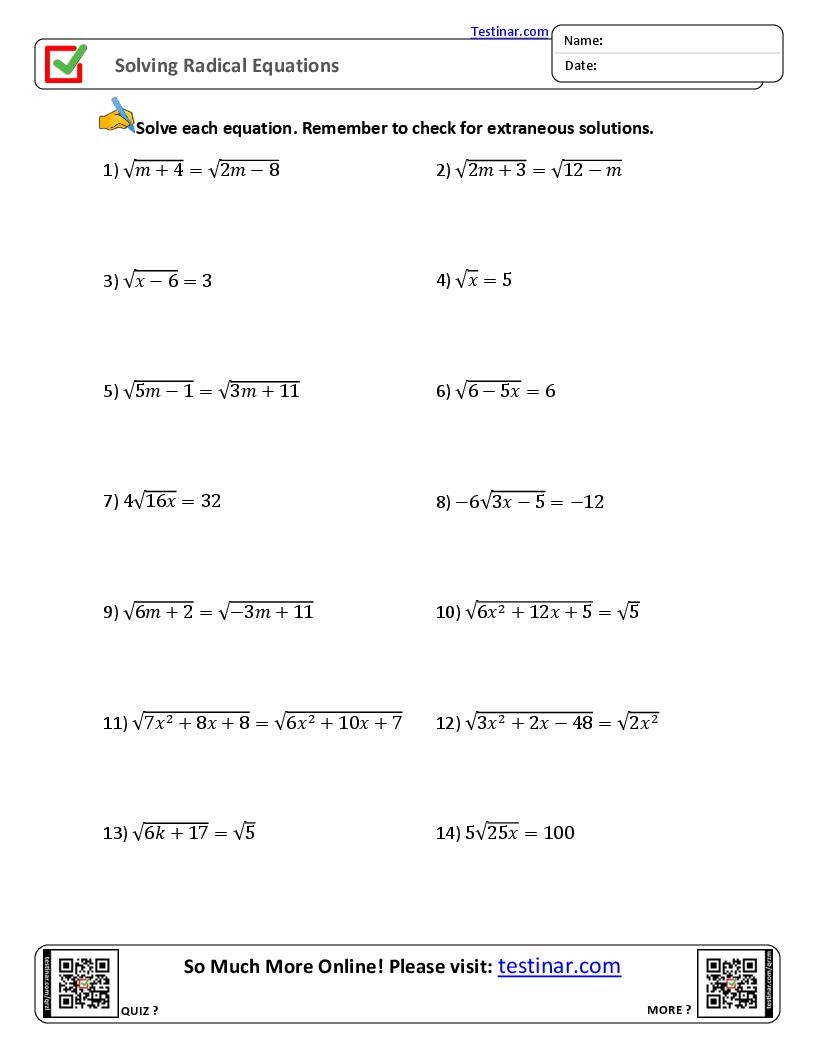 Solving Radical Equations Worksheets Solving Radical Equations Worksheets