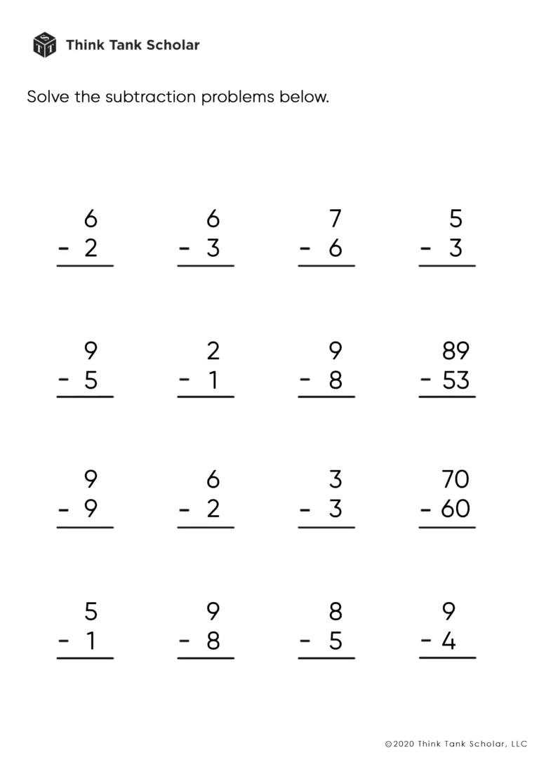 Subtraction Worksheets Exercises Printable PDF FREE Think Tank Scholar