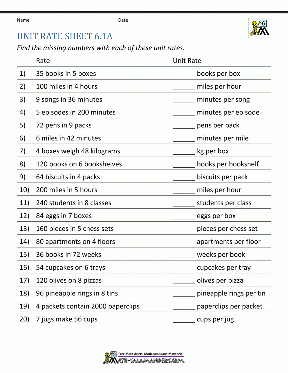 Unit Rate Problems 6th Grade Unit Rate Problems 6th Grade